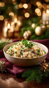 Traditional barbadian jug jug dish in a rustic bowl, served on a festive christmas table setting with glowing candles, pine branches, and golden ornaments, symbolizing holiday warmth and celebration