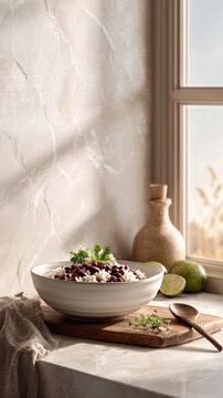 Belizean rice and beans in a ceramic bowl on a wooden board by a sunlit window, garnished with cilantro and lime, accompanied by a rustic bottle and wooden spoon