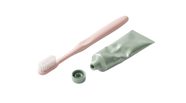 Pink toothbrush and green toothpaste tube with cap isolated on transparent background