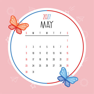 Cute May 2027 Kids Calendar Template with Colorful Butterflies