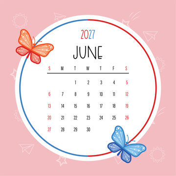 Cute June 2027 Kids Calendar Template with Colorful Butterflies