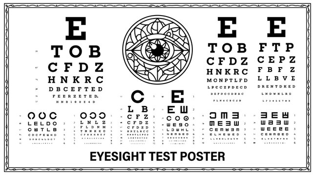 Very beautiful black and white realistic vector illustration of artistic eye test charts arranged as a medical vision poster, EYESIGHT TEST POSTER, clean flat outlines, no shading, no shadow, no gradi