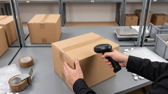 Warehouse worker scanning cardboard box with barcode scanner for shipping in distribution center for e-commerce order fulfillment and logistics management background