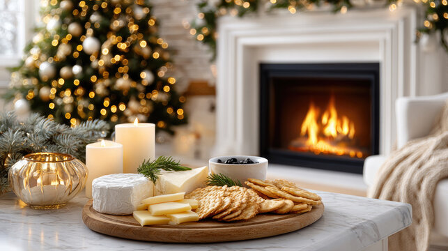 Holiday cheese platter on a wooden board with assorted cheeses, crackers and a glass of red wine by candlelight and a glowing fireplace for a cozy celebration