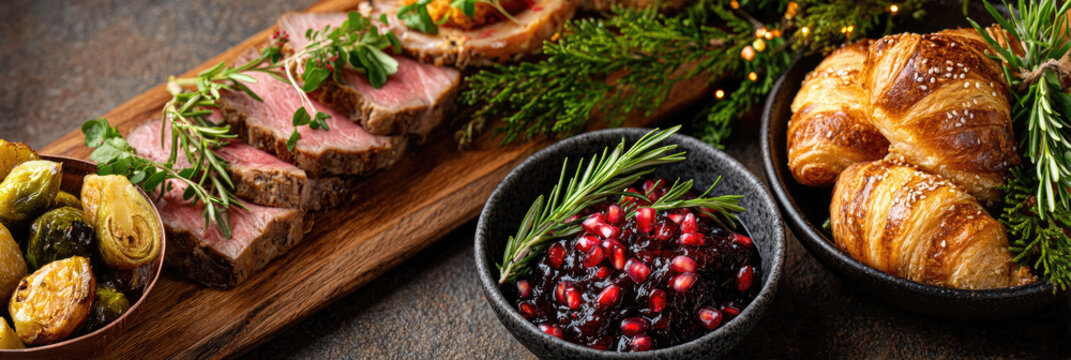 Roast beef with herbs and various side dishes, including roasted potatoes, fresh salad, and bread, creating a festive holiday dinner setting for a celebratory meal