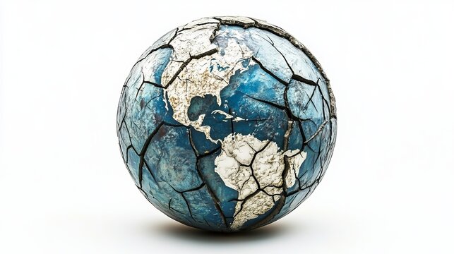 Fractured blue globe with continents displaying cracks, depicting environmental damage, and representing a damaged planet concept