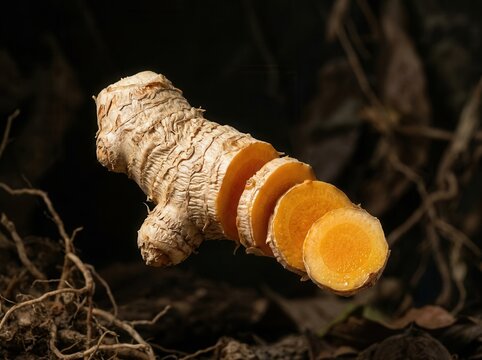 Fresh Turmeric Root Sliced Vibrant Orange Spice Rhizome with Earthy Background