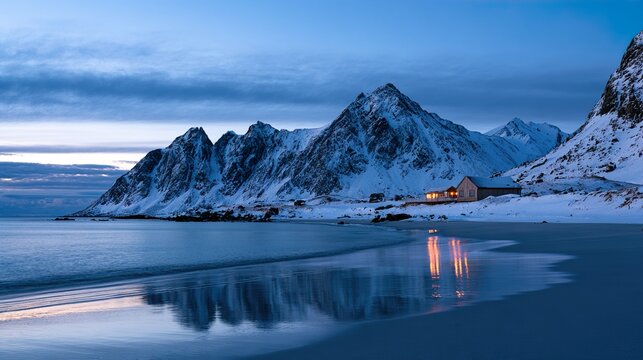 Snow covered mountains with illuminated cabin on beach at blue hour.