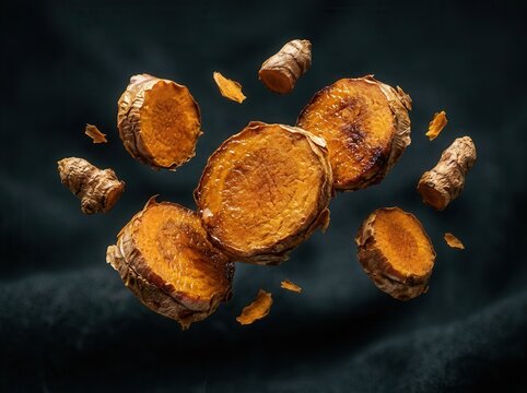 Fresh Turmeric Root Slices and Pieces Floating Mid Air Vibrant Orange Spice with Dark Background