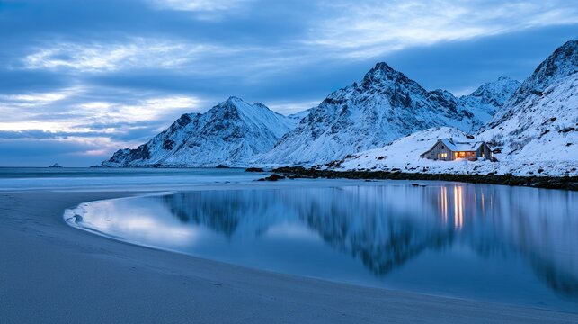 Snow covered mountains with illuminated cabin on beach at blue hour.