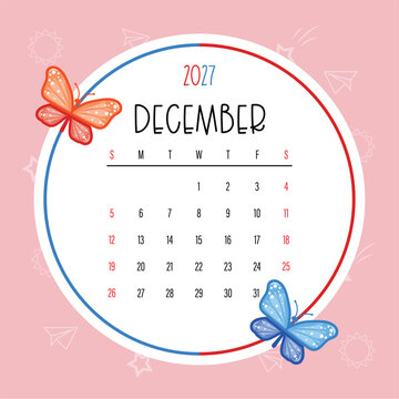 Cute December 2027 Kids Calendar Template with Colorful Butterflies
