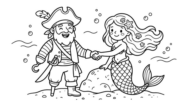 Cartoon pirate shaking hands with a mermaid in an underwater scene