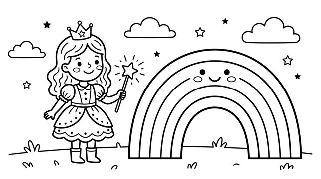 Little princess holding a magic wand next to a smiling rainbow line art