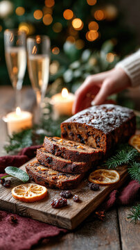 Festive table with rich jamaican christmas pudding, sliced fruitcake, fruit salad and drinks, warm candlelight and holly creating a cozy traditional holiday scene