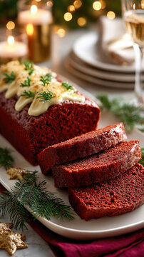 Deep red sorrel cake slice with creamy filling, garnished with star anise and cinnamon sticks on a white ceramic plate, warm light highlighting its rich, festive texture