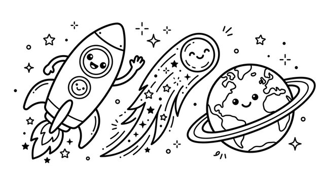 Cute cartoon rocket ship with comet and planet in space coloring page