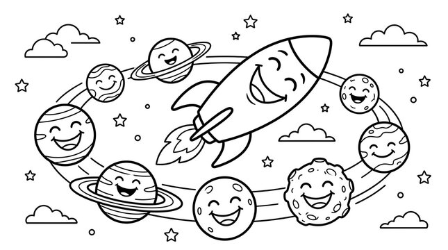 Smiling rocket ship flying past happy planets in space coloring page