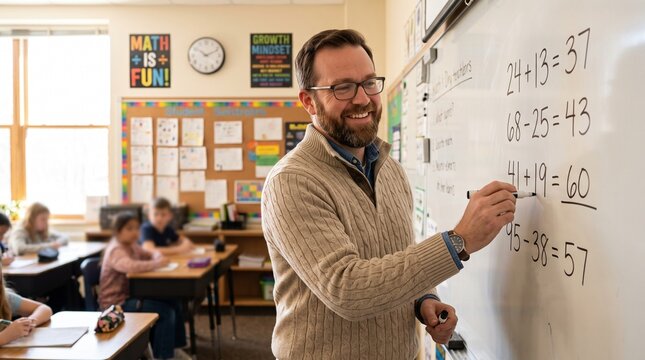 Teacher writing math equations on a white board in a classroom while students sit at their desks working on assignments and learning during a school day.