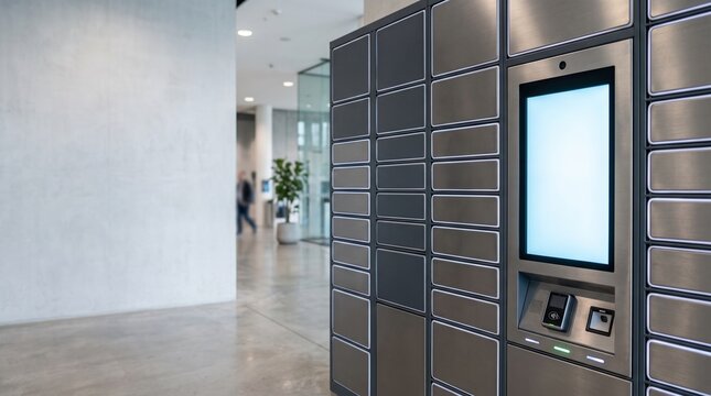 Close up modern automated parcel locker completely blank glowing touchscreen self service delivery mockup