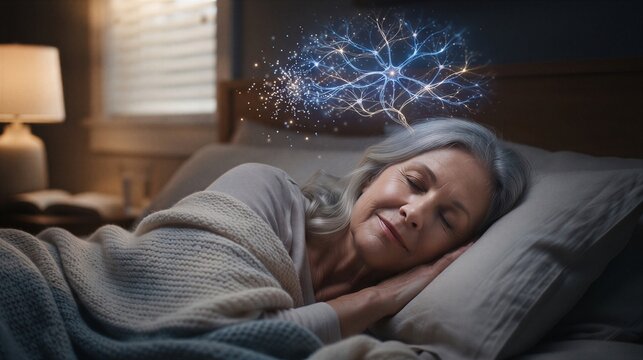 Senior woman sleeping in bed with digital neural network glowing above her head. Concept of brain activity during sleep, memory processing, mental health, and healthy rest at night.