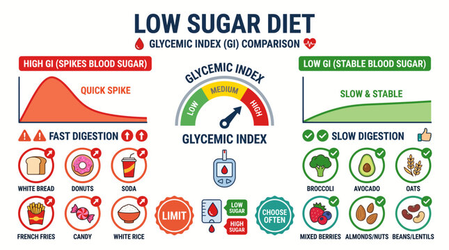 Educational infographic comparing low and high glycemic index foods for blood sugar management.