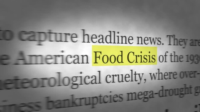 Food Crisis" highlighted in bright yellow, representing global food security, agricultural challenges, hunger, and supply chain shortages