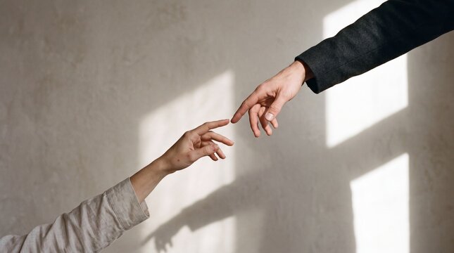 Two people reaching out with hands towards each other against a plain light wall background with connection against textured