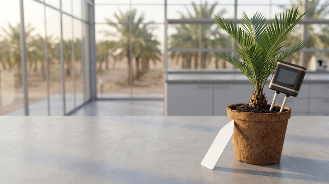 Smart Soil Sensor with Probes and Palm Sapling in Coconut Fiber Planter on Concrete Bench in Agritech Greenhouse, Blank Tag Mockup and Wide Copy Space for Smart Irrigation and Sustainable Agriculture