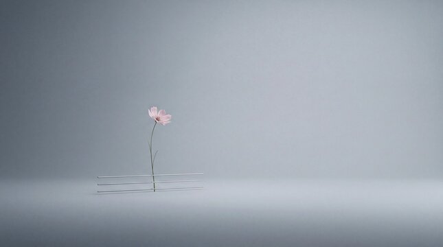 A single delicate pink cosmos flower stands behind three thin horizontal metal rods on a plain gray background with rods against minimalist