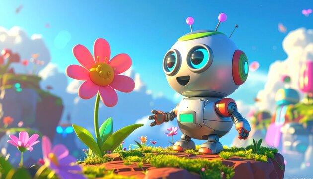 Friendly small robot standing in vibrant flower field.