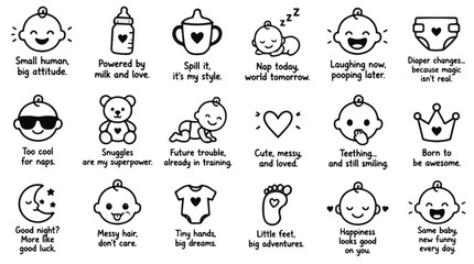 Obraz premium Baby Icons and Funny Quotes Collection with Cute Hand Drawn Line Art Nursery Illustrations