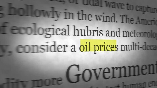 financial document or book page highlighting the words "oil prices" in yellow, symbolizing energy market trends, commodity trading, inflation, and fuel costs