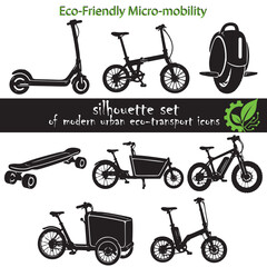 Eco-friendly micro-mobility silhouette icon set. Black silhouettes of diverse urban personal electric transport: e-scooters, e-bikes, cargo e-trikes, electric skateboards, unicycles. Vector on white. © Elmar