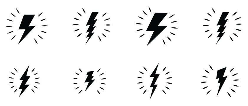 Lightning bolt vector, icon set. Flat style thunderbolt blitz lightnings strike sign symbol graphic design. Simple lightning electric power concept.