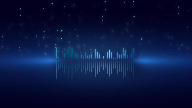 Futuristic blue audio waveform and equalizer animation with glowing particles on a dark background. Abstract sound wave visualization for music, technology, audio, digital media and modern background 