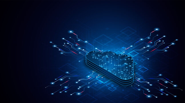 The concept of cloud computing and future data center technology. Digital storage servers on blue circuit boards. High-speed server connectivity for big data processing.