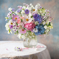 Fototapeta premium Beautiful bouquet of phlox, cosmos flower, hydrangeas, and bellflowers in a vase on a table; close-up still life, blur, selective focus.