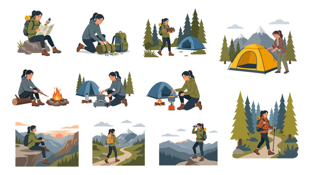 Woman camping and hiking character set vector illustration with backpacker reading map, cooking, setting tent and trekking mountain trails