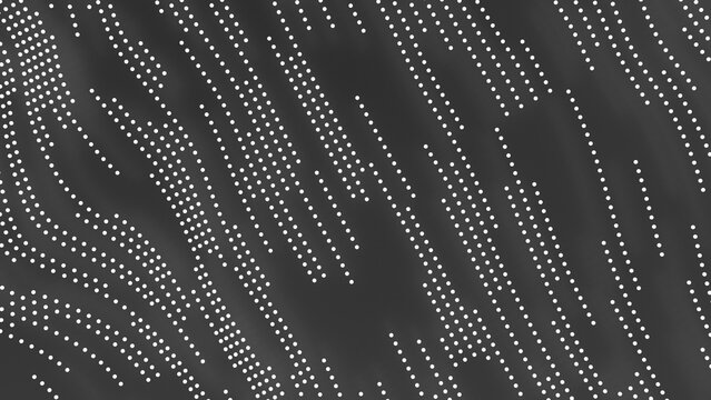 Abstract 3D white binary dots background. Dotted point cloud matrix on dark grey background for biometric fingerprint scanning big data visualisation and artificial intelligence presentation.