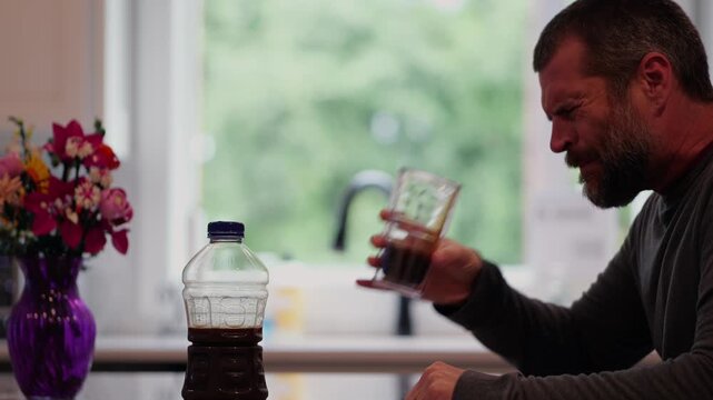 Middle aged man drinking prune juice to aide digestive health naturally - gut health constipation relief remedy aging gracefully preventive wellness