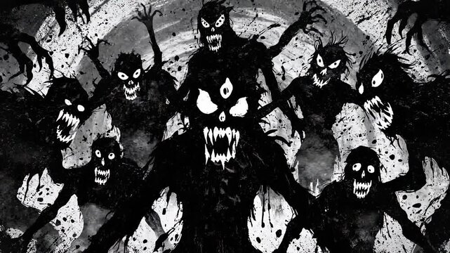 Sinister shadowy figures swarm in a dark swirling vortex abstract background with dramatic lighting