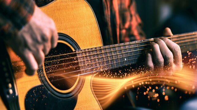 Musician playing acoustic guitar with glowing particle effects. Close-up of hands strumming strings and fretting chords. Live music performance. Guitar practice and creative inspiration.