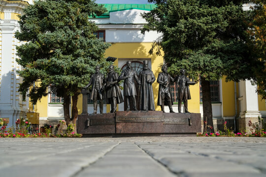 Rybinsk, Russia - September 20, 2026: Monument dedicated to important historical figures of Rybinsk, featuring six bronze statues on Cathedral Square, symbolizing contribution to city development