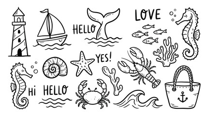 Fototapeta premium Nautical doodle icons vector set, hand drawn black and white ocean life line art illustrations, sea animal marine beach design collection