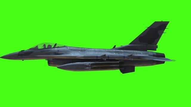 Fighter jet progression in flight against a vibrant green screen background for motion graphics and compositing