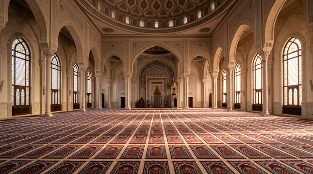 Interior view of a mosque prayer hall with arched windows, a large central dome, and a patterned red carpet covering the floor