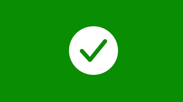 Check mark symbol Animated reveal of a white checkmark icon, check mark icon animation, Check mark animation on circle on green screen background video. 4k