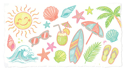 Obraz premium Cute summer beach clipart set, hand drawn pastel beach elements vector, cheerful vacation sun surfboard seashell coconut icon collection
