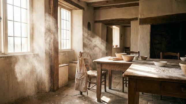 Dust particles dancing in warm morning sunlight streaming through a window into a rustic kitchen with flour-dusted tables.