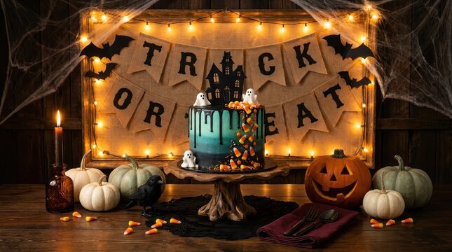 Halloween drip cake with vibrant ombre frosting, edible ghosts and candy corn decorations, spooky festive dessert on rustic wooden stand